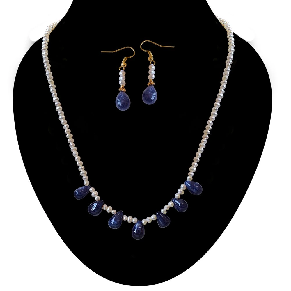 42cts Real Drop Blue Sapphire and Freshwater Pearl Necklace and Earring Set for Women (SN742)