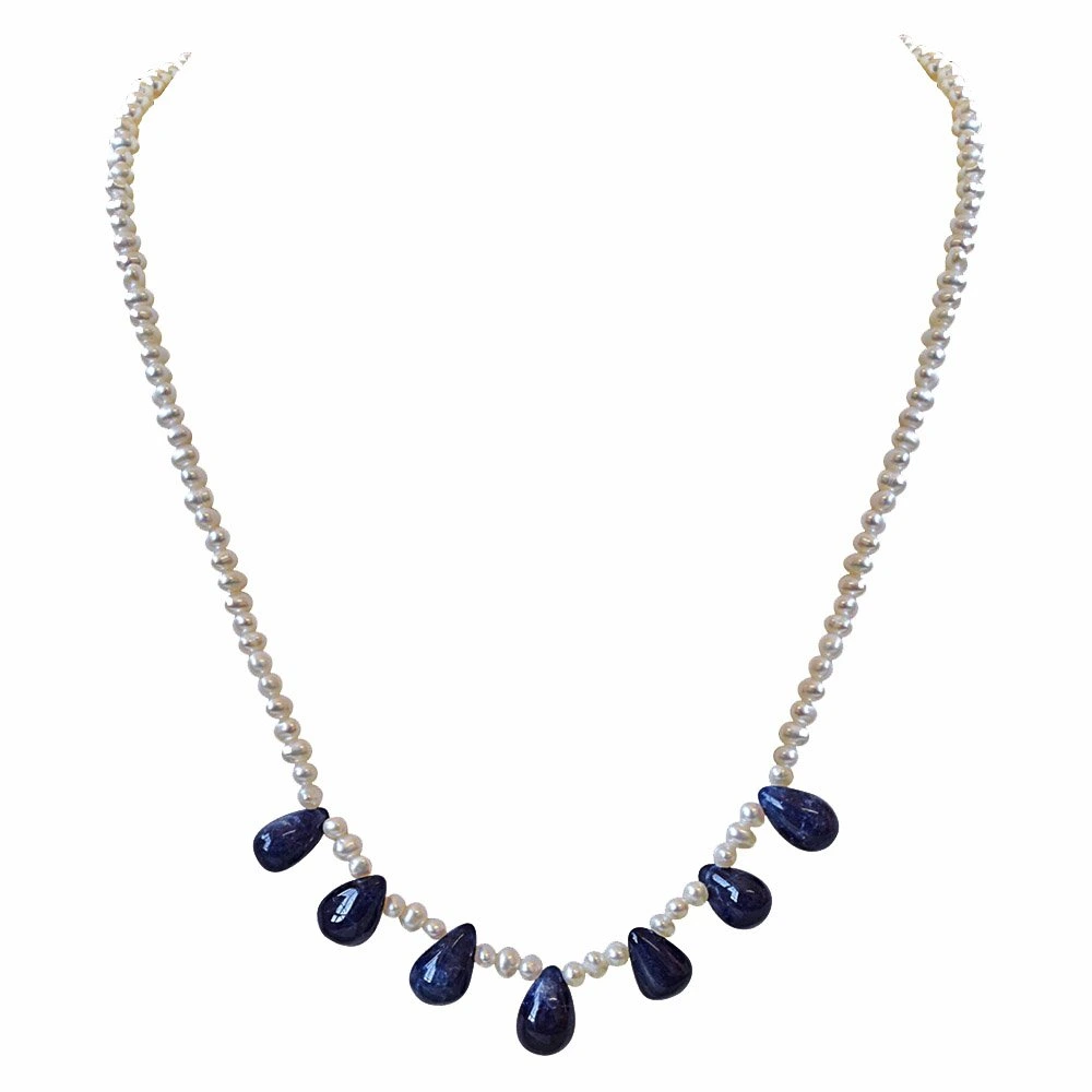 42cts Real Drop Blue Sapphire and Freshwater Pearl Necklace and Earring Set for Women (SN742)