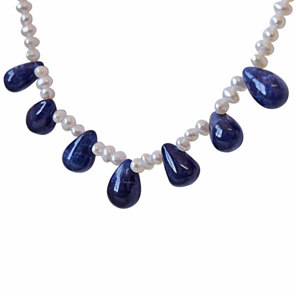 42cts Real Drop Blue Sapphire and Freshwater Pearl Necklace and Earring Set for Women (SN742)