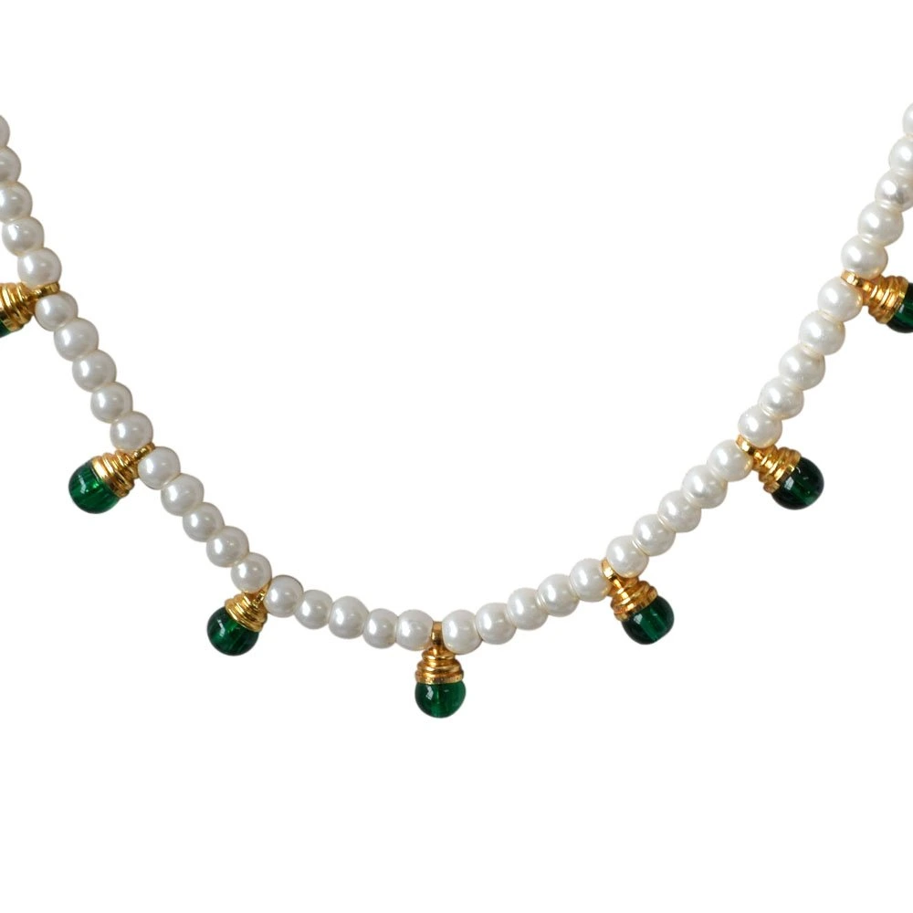 White Shell Pearl and 9 Green Stone Pendant Necklace for Women (SN760)