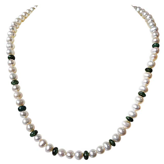 Single Line Real Pearl & Green Round Emerald Necklace