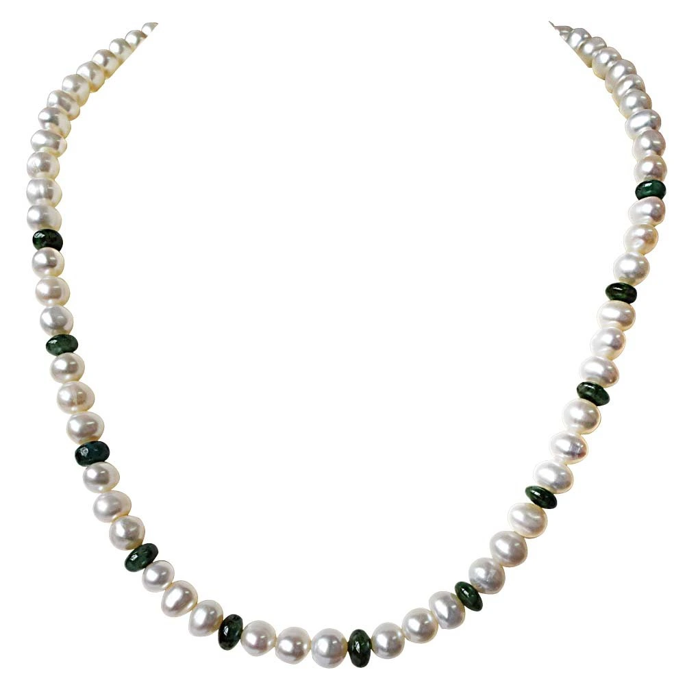 Single Line Real Pearl & Green Round Emerald Necklace (SN763)