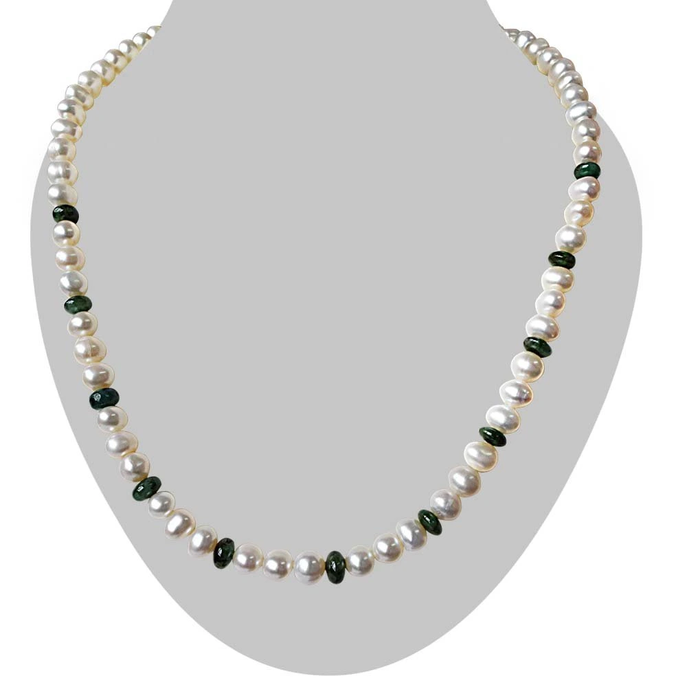 Single Line Real Pearl & Green Round Emerald Necklace