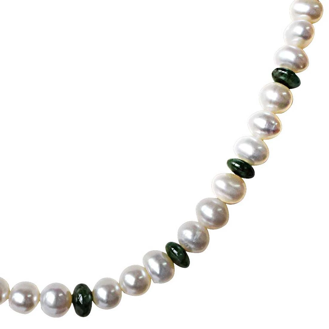 Single Line Real Pearl & Green Round Emerald Necklace
