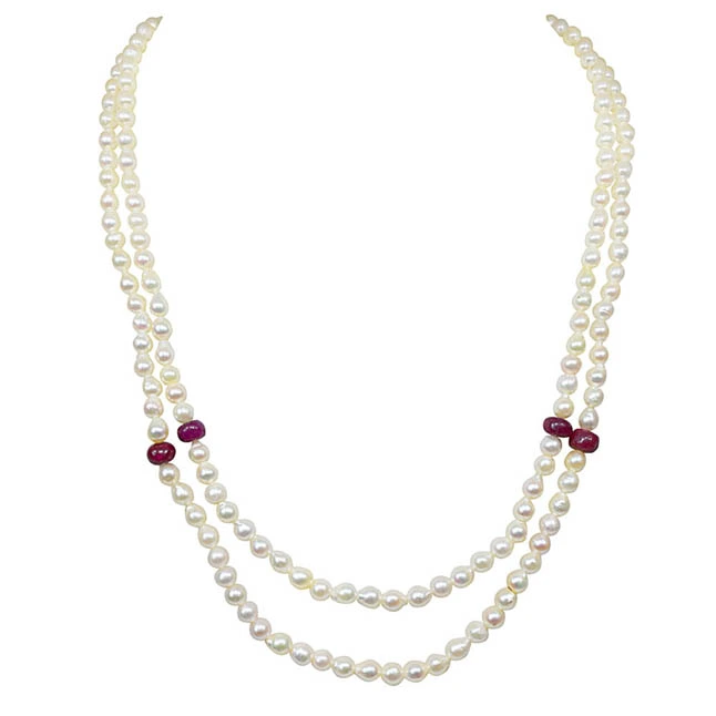 Fine 18 INCHES Long Real Japanese Cultured Pearl with Real Ruby Beads Necklace for Women, White Silky Smooth Pearls (SN770)