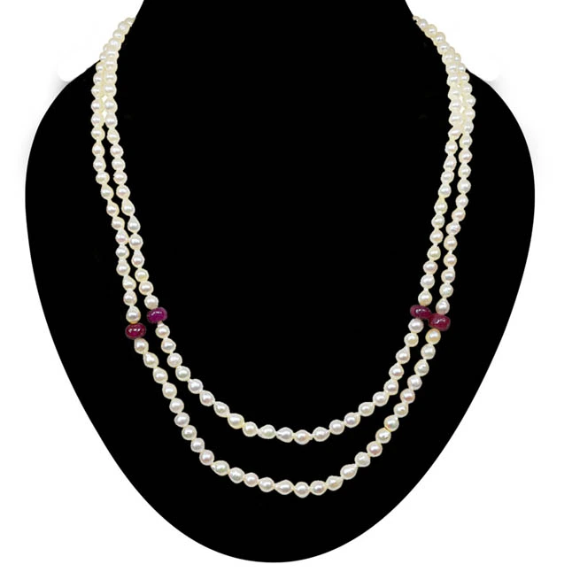 Fine 18 INCHES Long Real Japanese Cultured Pearl with Real Ruby Beads Necklace for Women, White Silky Smooth Pearls (SN770)