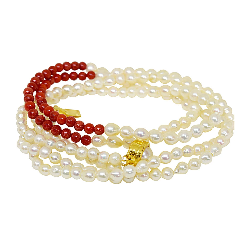 Elegance Unveiled: Majestic White Pearl & Crimson Coral Harmony Necklace (SN773)