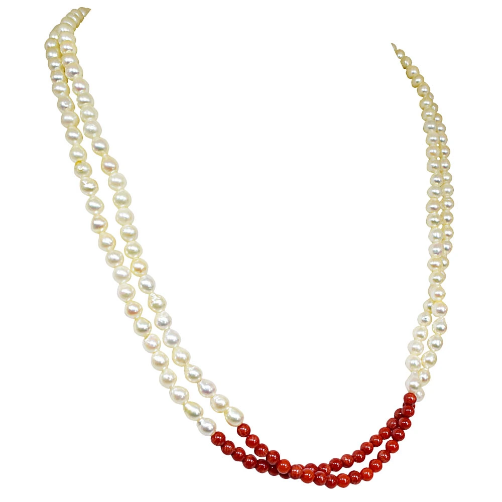 Fine 19/20 IN Long 2 Line Real Japanese Cultured Pearl & Red Coral Necklace for women, White Silky Smooth Pearls (SN773)