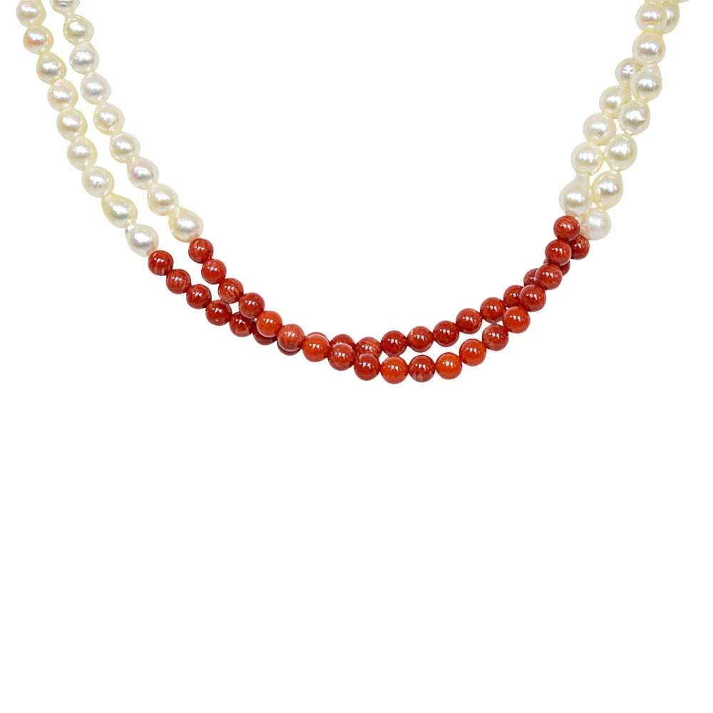 Elegance Unveiled: Majestic White Pearl & Crimson Coral Harmony Necklace (SN773)