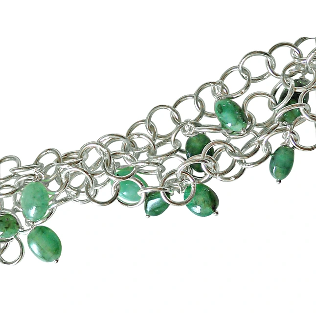 Natural Green Oval Emeralds Hanging on Silver Plated ringslets in 4 Line Majestic Neckalce