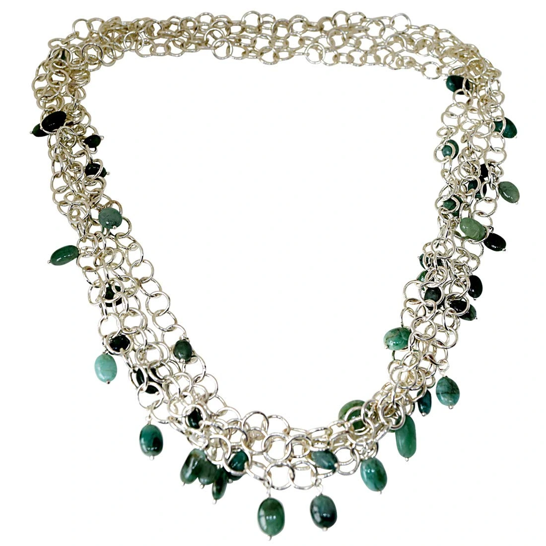 Natural Green Oval Emeralds Hanging on Silver Plated ringslets in 4 Line Majestic Neckalce