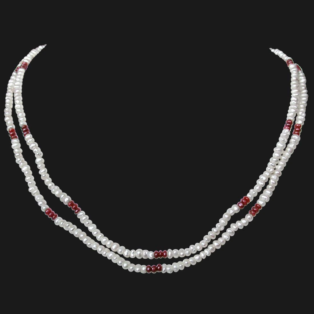 Embellishment - 2 Line Freshwater Pearl & Real Ruby Beads Necklace for Women (SN77)