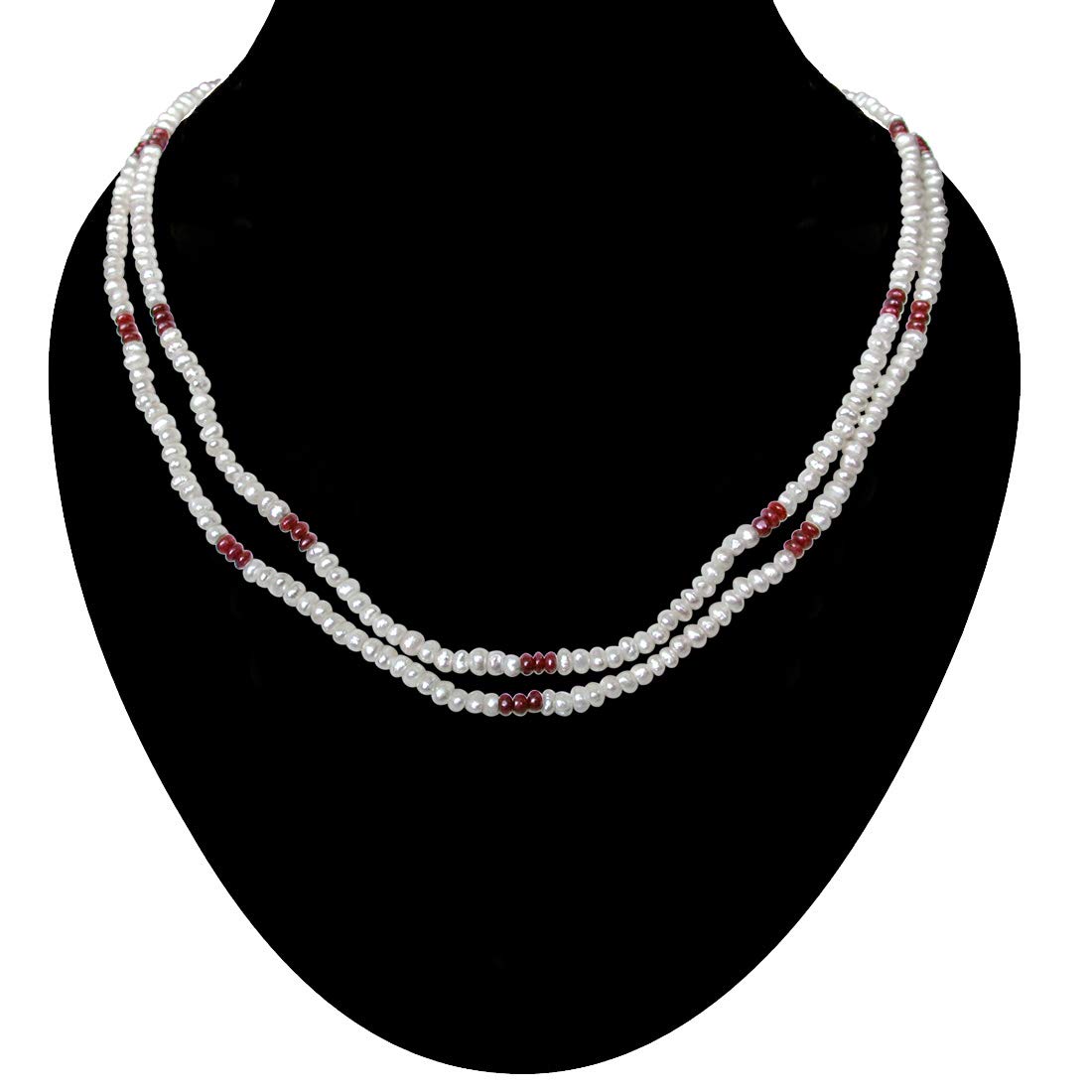 Embellishment - 2 Line Freshwater Pearl & Real Ruby Beads Necklace for Women (SN77)