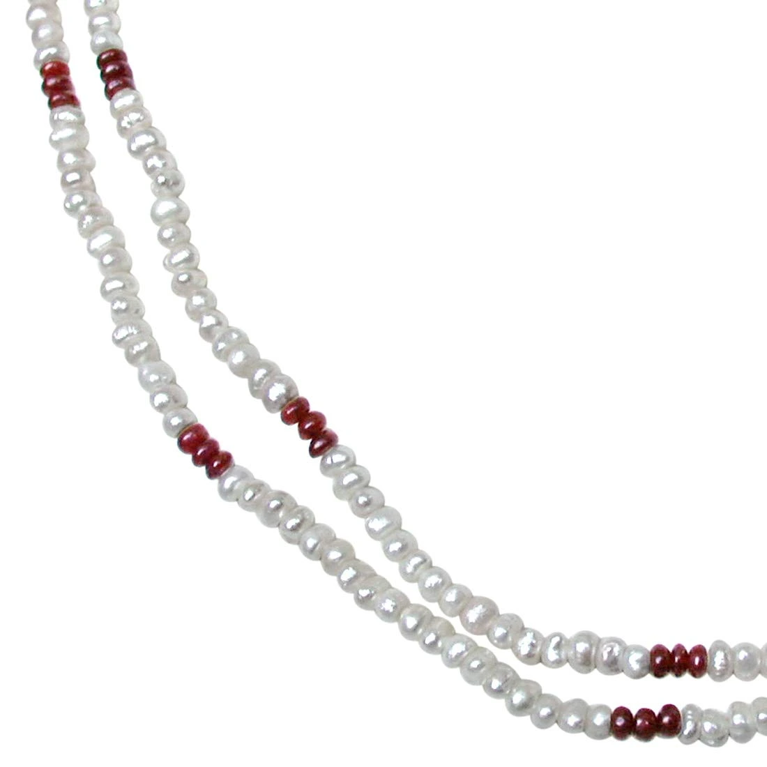 Embellishment - 2 Line Freshwater Pearl & Real Ruby Beads Necklace for Women (SN77)