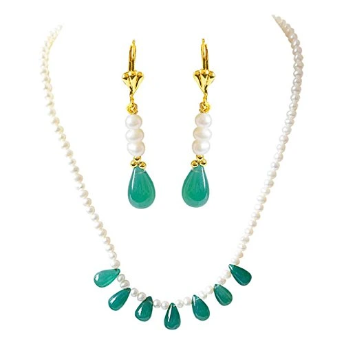 Real Freshwater Pearl & Drop Shaped Green Onyx Necklace & Earring Set (SN780)