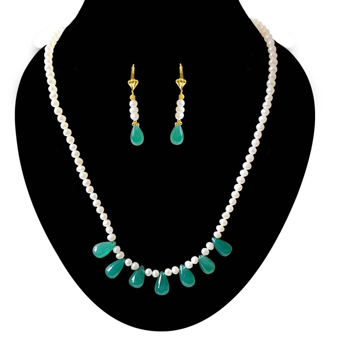 Real Freshwater Pearl & Drop Shaped Green Onyx Necklace & Earring Set (SN780)