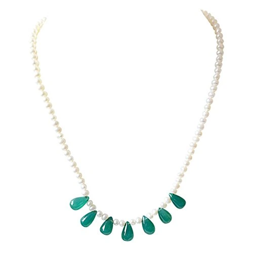 Real Freshwater Pearl & Drop Shaped Green Onyx Necklace & Earring Set (SN780)