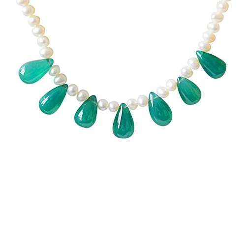 Real Freshwater Pearl & Drop Shaped Green Onyx Necklace & Earring Set (SN780)