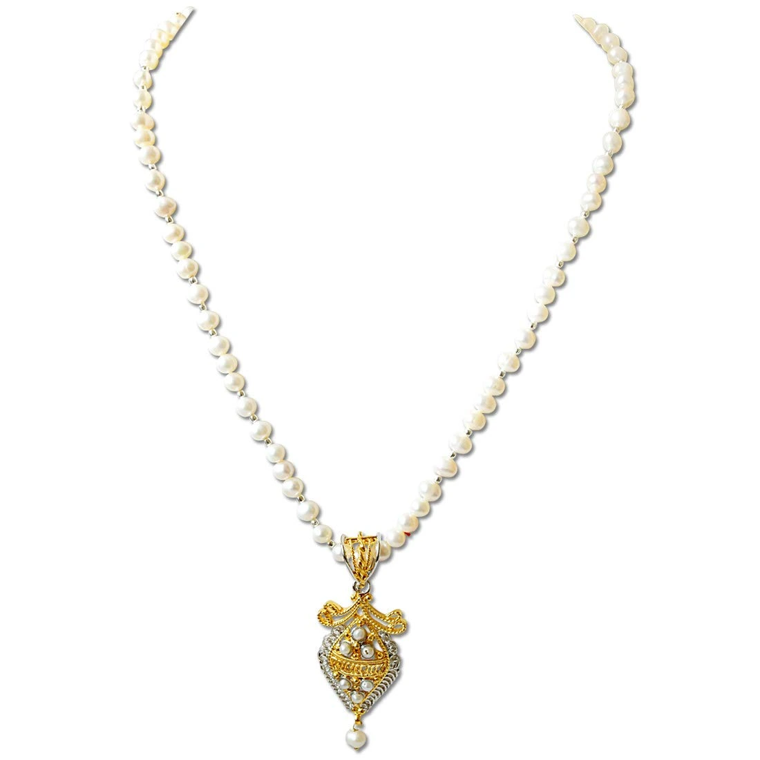 Dual Plated Kite Shaped Pendant with Single Line Real Pearl Necklace for Women (SN800)