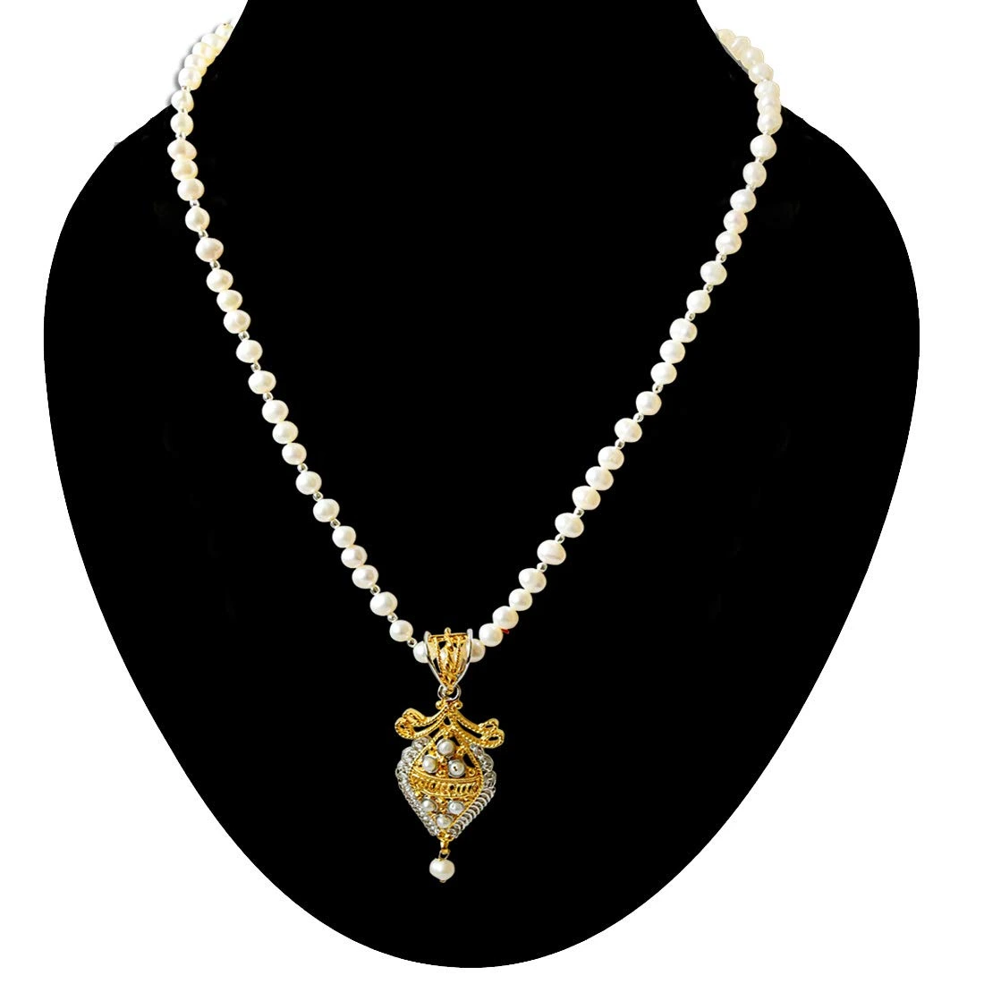 Dual Plated Kite Shaped Pendant with Single Line Real Pearl Necklace for Women (SN800)
