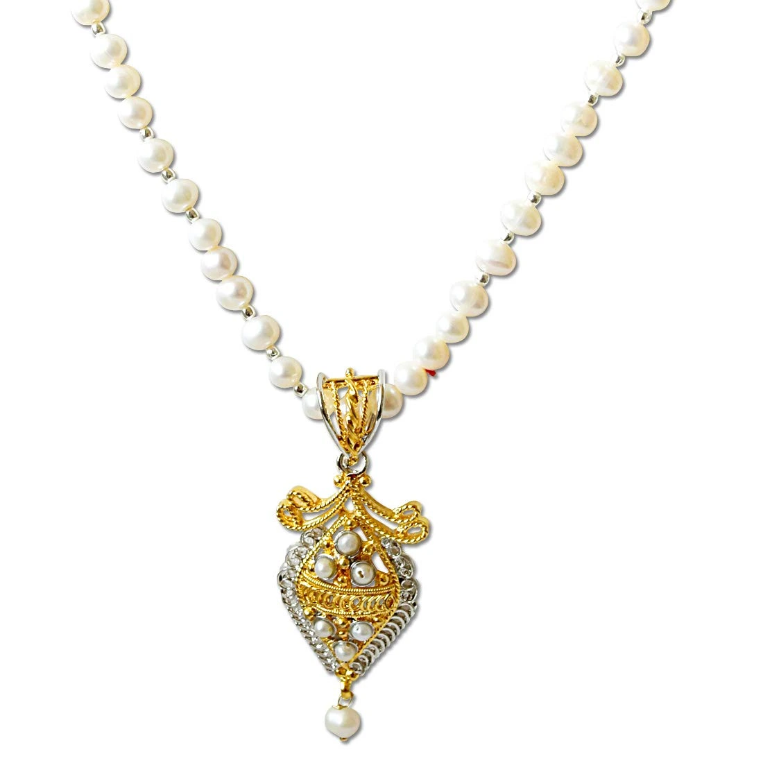 Dual Plated Kite Shaped Pendant with Single Line Real Pearl Necklace for Women (SN800)