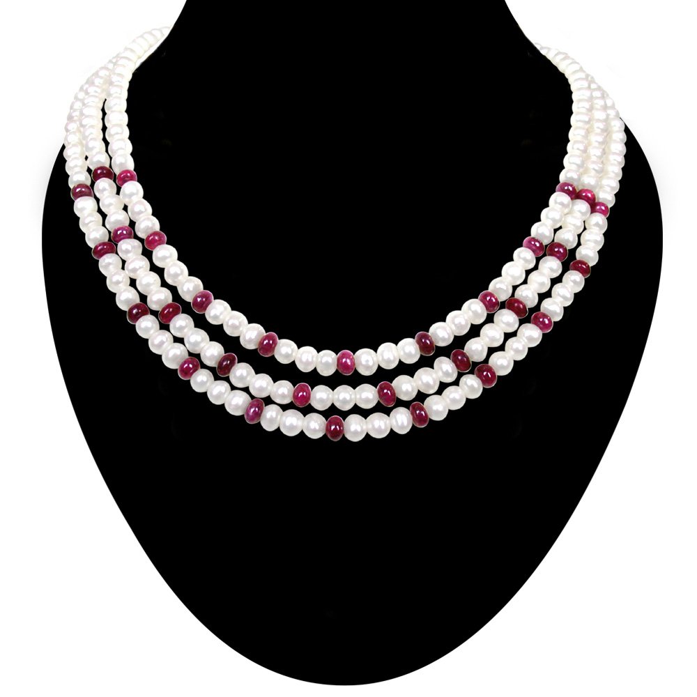 Ornamentation - 3 Line Freshwater Pearl & Real Ruby Beads Necklace for Women (SN81)