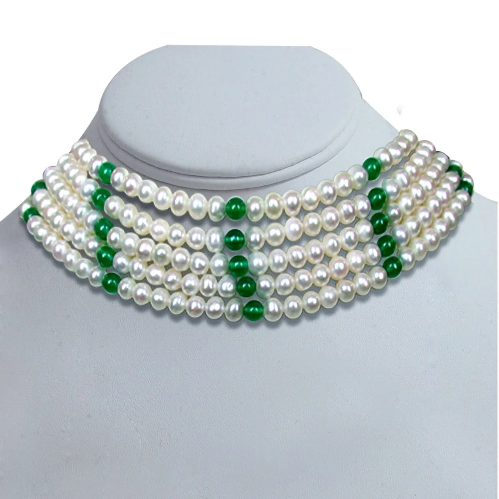 Grandiloquence - 5 Line Freshwater Pearl & Green Onyx Beads Necklace for Women (SN82)