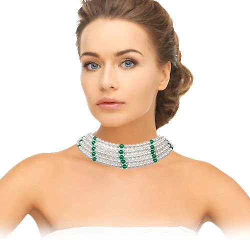 Grandiloquence - 5 Line Freshwater Pearl & Green Onyx Beads Necklace for Women (SN82)