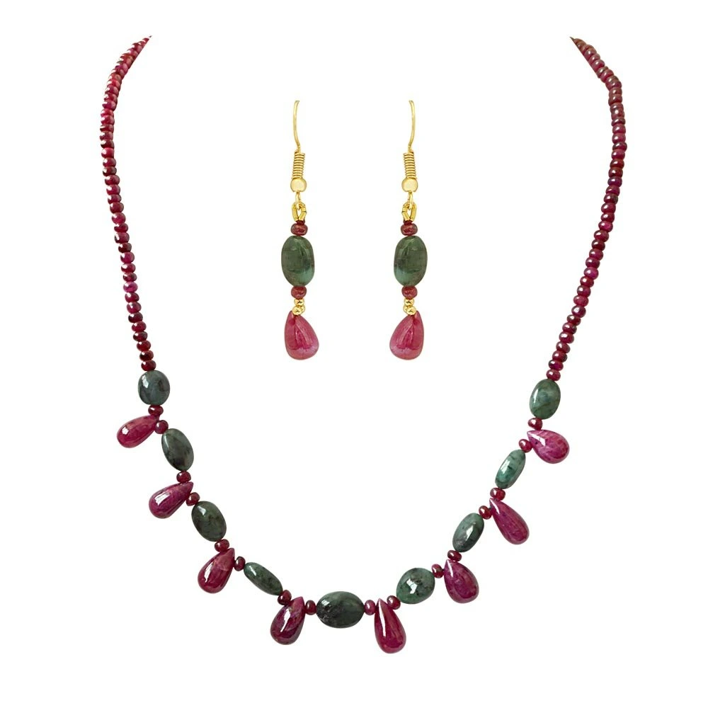Exquisite Real Oval Green Emerald & Red Ruby Necklace Set for Women (SN830)