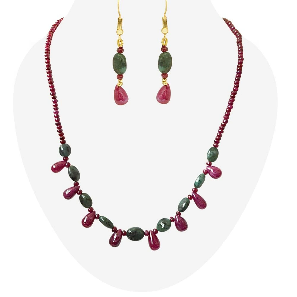 Exquisite Real Oval Green Emerald & Red Ruby Necklace Set for Women (SN830)