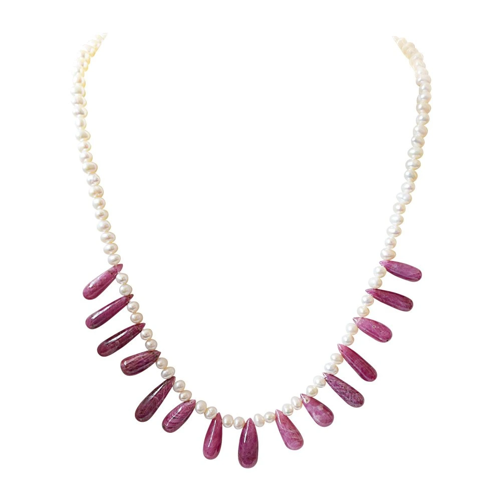 Elegant Real Red Drop Ruby & Freshwater Pearl Necklace for Women (SN831)