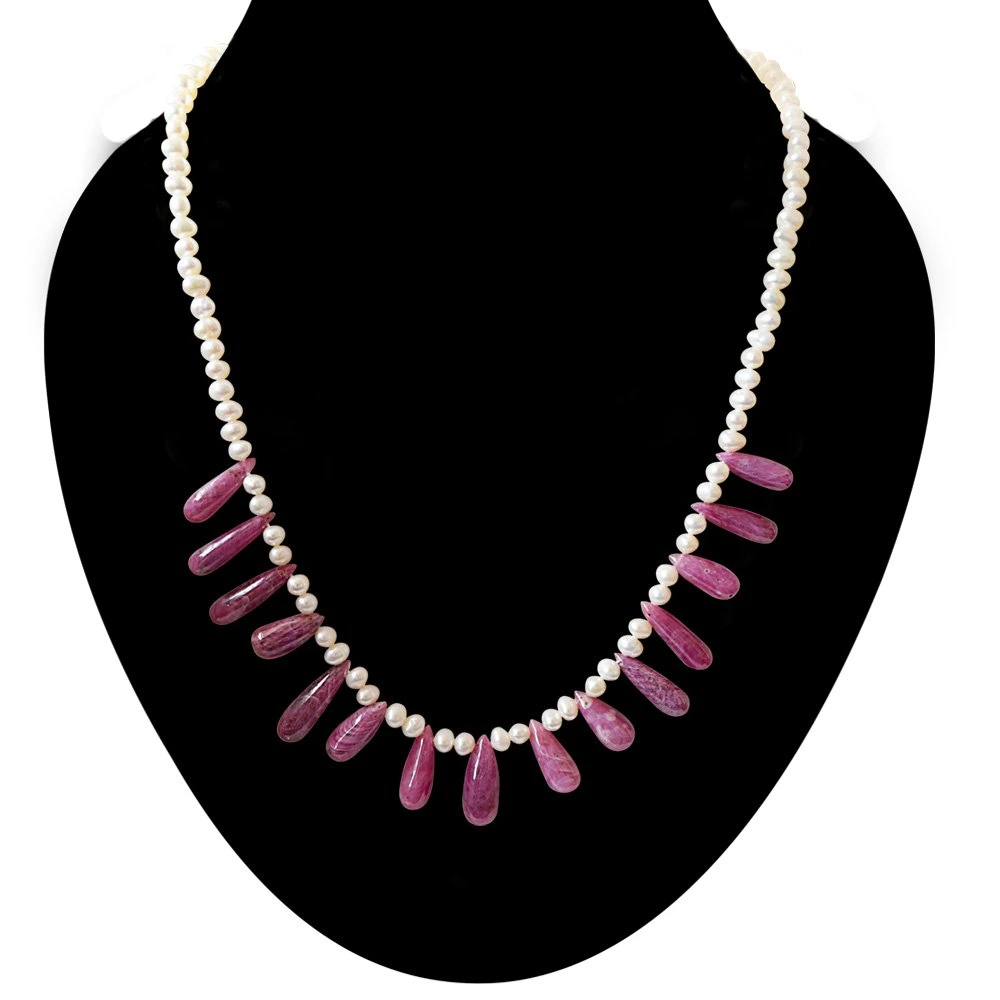Elegant Real Red Drop Ruby & Freshwater Pearl Necklace for Women (SN831)