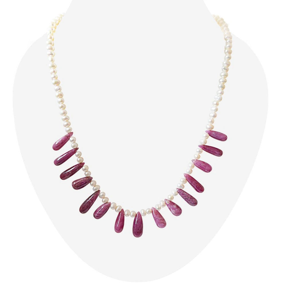 Elegant Real Red Drop Ruby & Freshwater Pearl Necklace for Women (SN831)