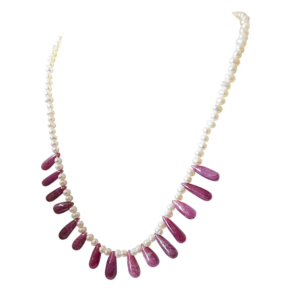 Elegant Real Red Drop Ruby & Freshwater Pearl Necklace for Women (SN831)