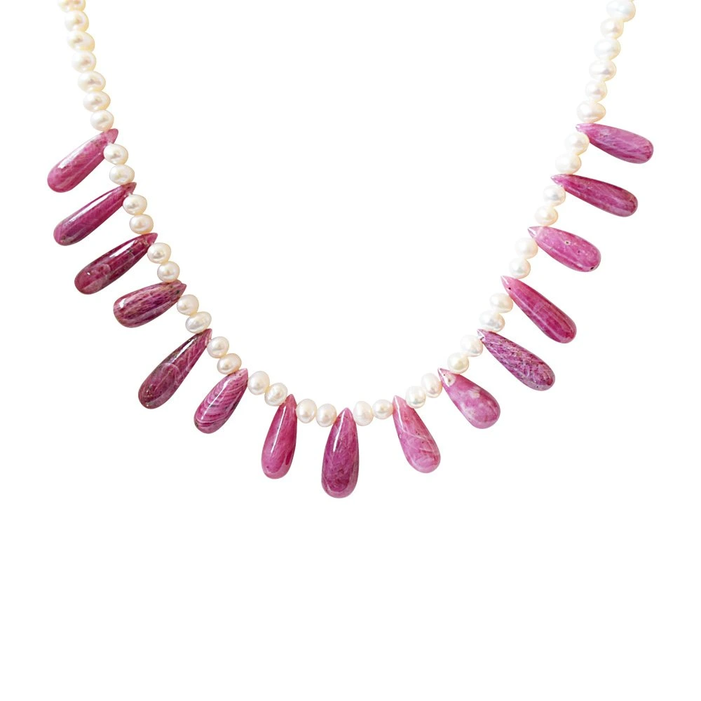 Elegant Real Red Drop Ruby & Freshwater Pearl Necklace for Women (SN831)