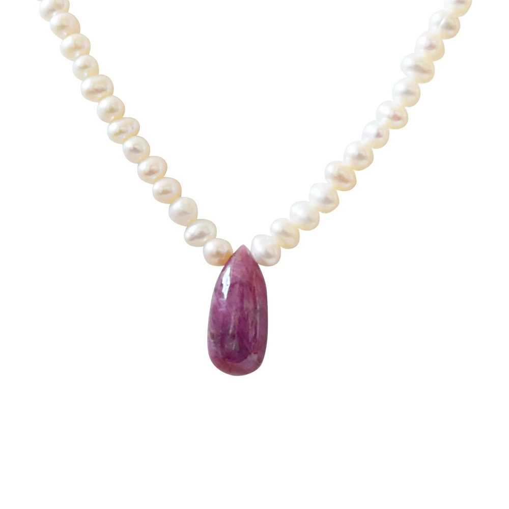 8.52 cts Real Drop Ruby & Freshwater Pearl Necklace for Women (SN832)