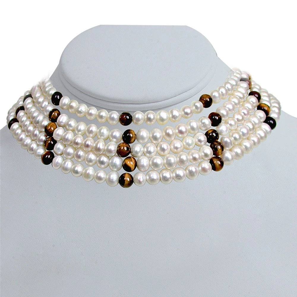 Richness -  5 Line Real Freshwater Pearl & Tiger Eye Beads Choker Necklace for Women (SN83)