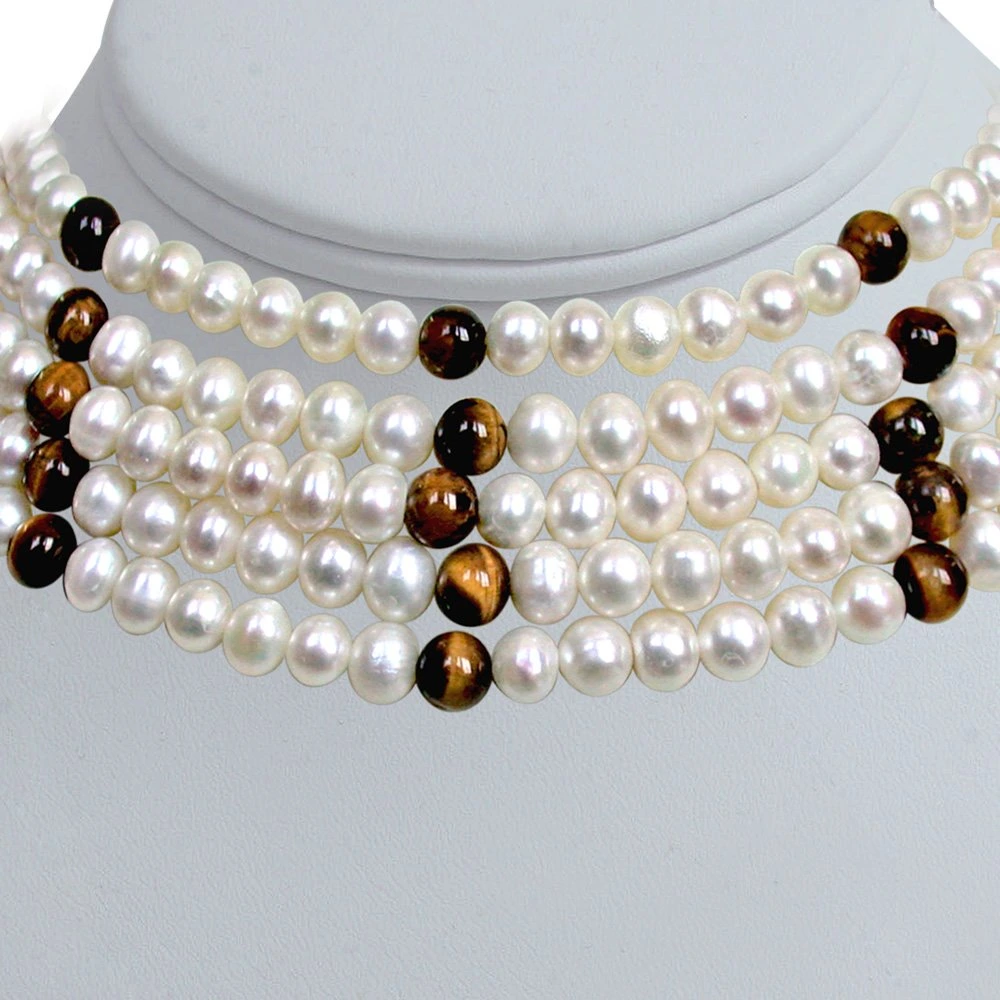 Richness -  5 Line Real Freshwater Pearl & Tiger Eye Beads Choker Necklace for Women (SN83)