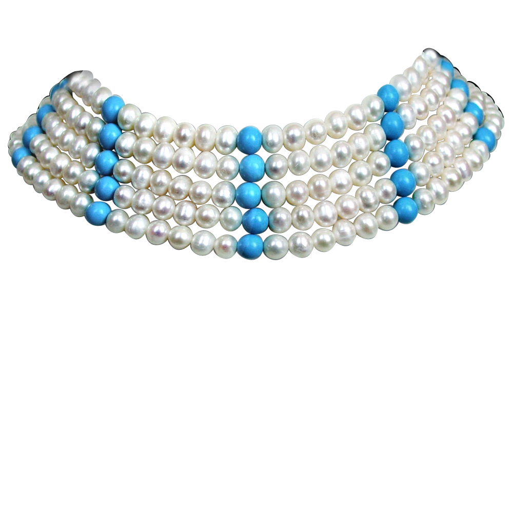 Ostentatious - 5 Line Real Freshwater Pearl & Turquoise Beads Choker Necklace for Women (SN84)