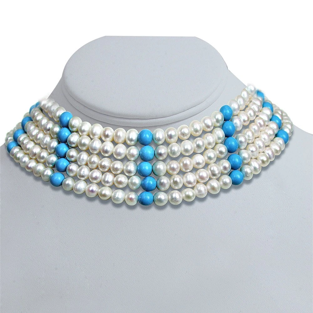 Ostentatious - 5 Line Real Freshwater Pearl & Turquoise Beads Choker Necklace for Women (SN84)