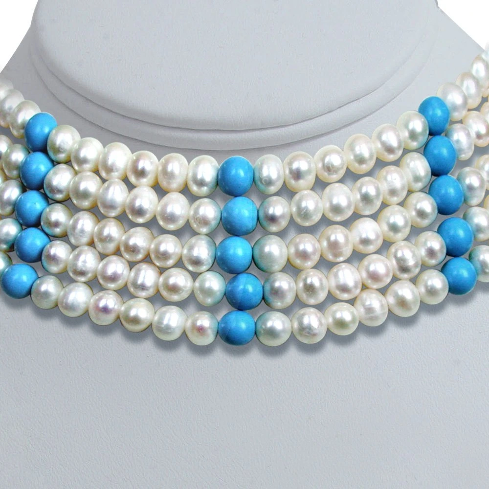 Ostentatious - 5 Line Real Freshwater Pearl & Turquoise Beads Choker Necklace for Women (SN84)