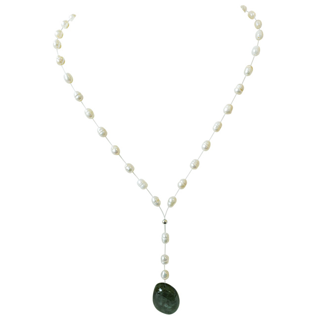 19cts Real Natural Oval Green Emerald and Freshwater Pearl Wire Style Necklace for Women (SN856)
