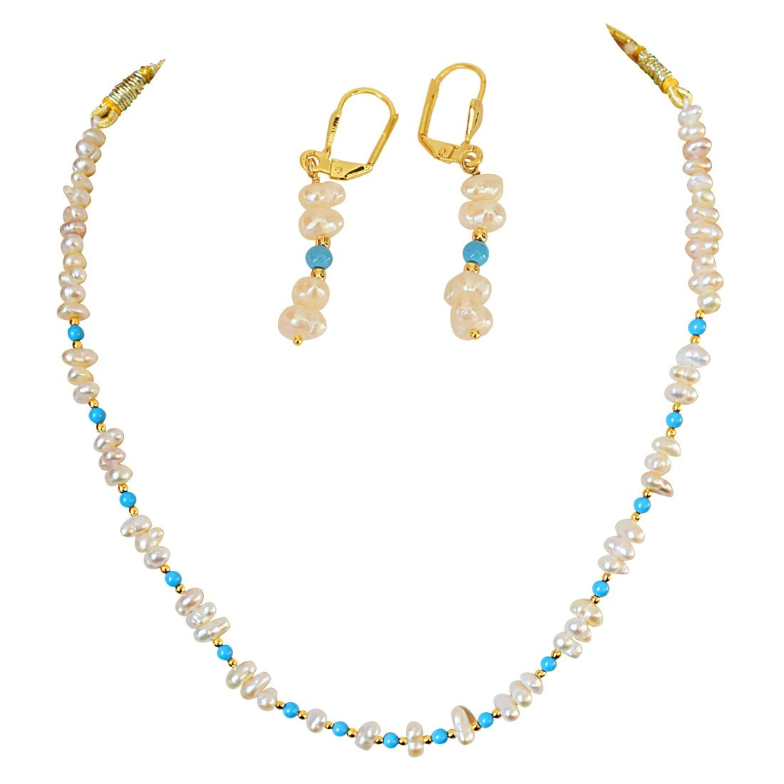 Real Freshwater Pearl and Turquoise Beads Necklace & Earring Set for Women (SN878)