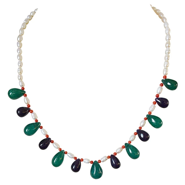 Drop Green Onyx, Blue Sapphire, Red Coral and Freshwater Pearl Necklace for Women (SN880)