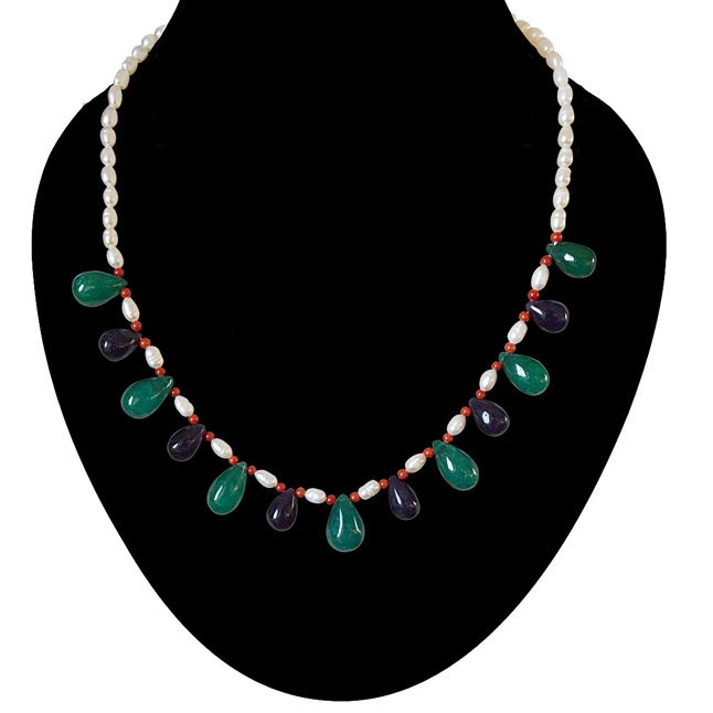 Drop Green Onyx, Blue Sapphire, Red Coral and Freshwater Pearl Necklace for Women (SN880)