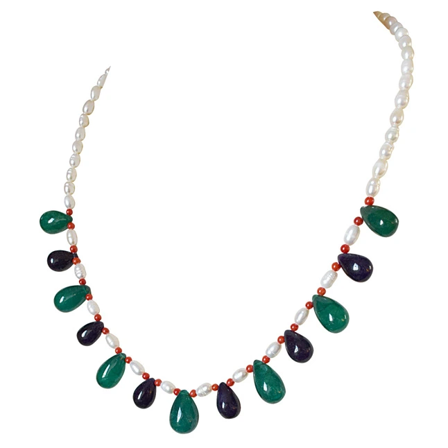 Drop Green Onyx, Blue Sapphire, Red Coral and Freshwater Pearl Necklace for Women (SN880)