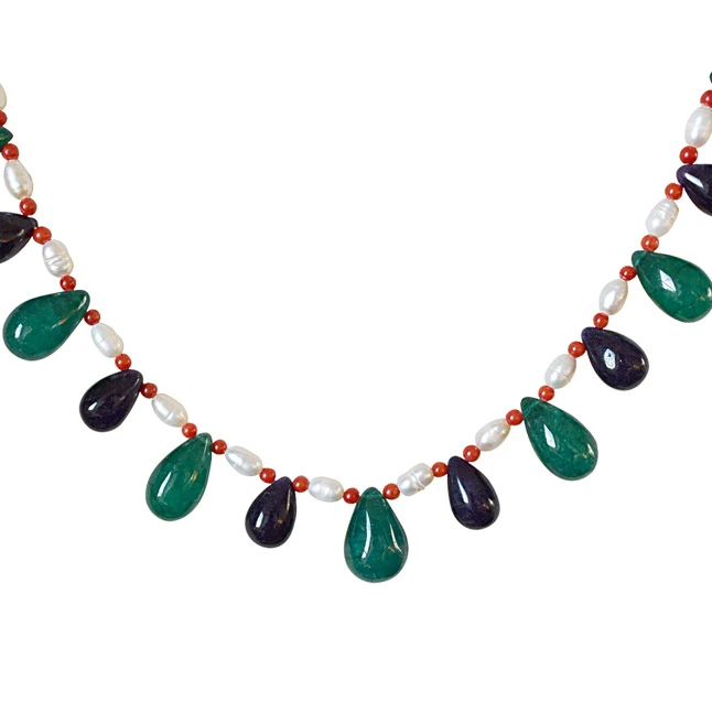 Drop Green Onyx, Blue Sapphire, Red Coral and Freshwater Pearl Necklace for Women (SN880)