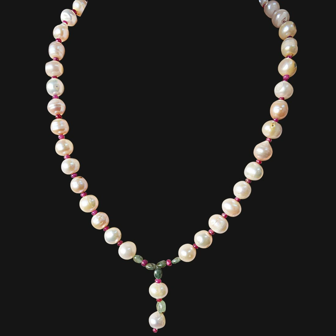 Real Natural Oval Green Emerald, Ruby Beads and Peach Pearl Necklace for Women (SN886)