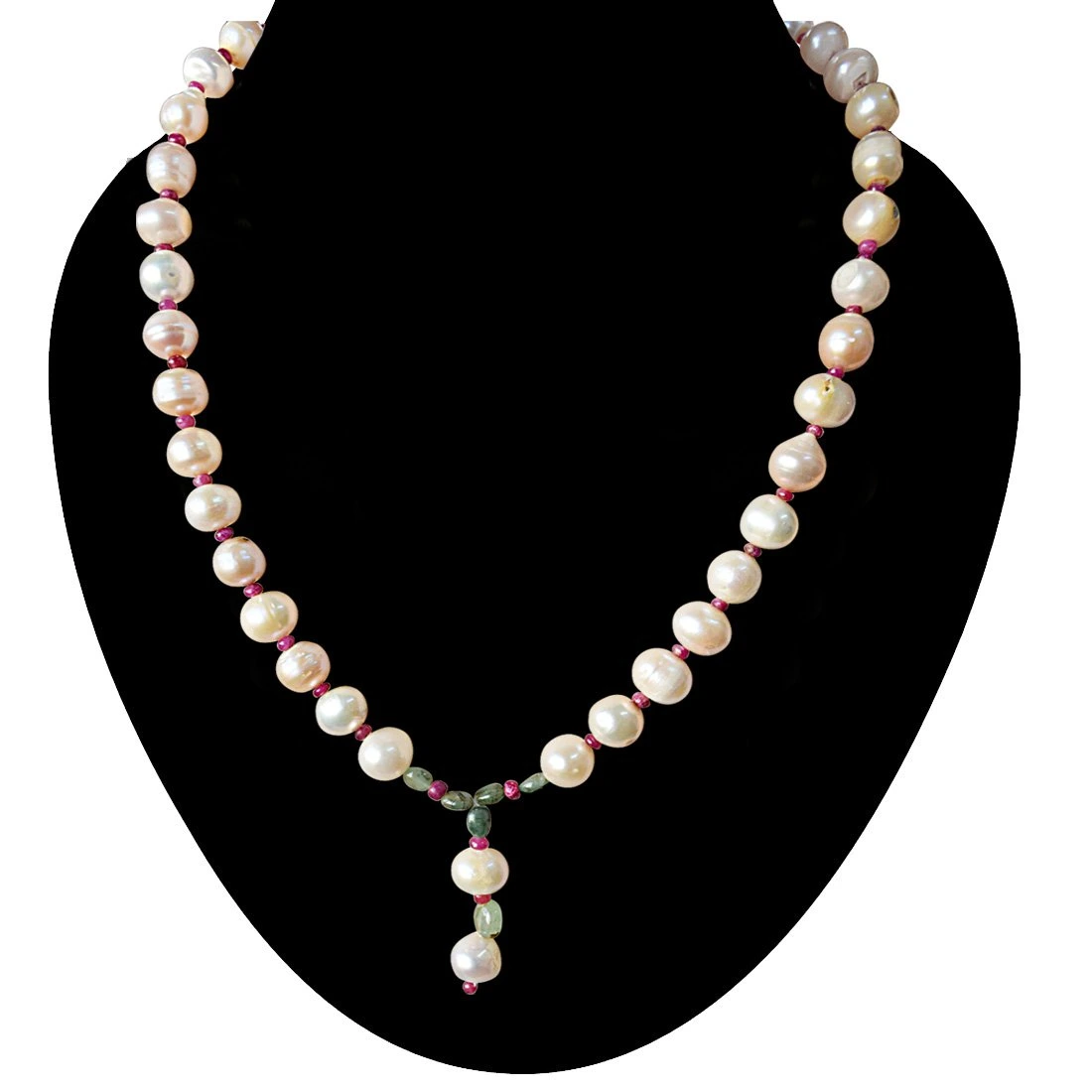 Real Natural Oval Green Emerald, Ruby Beads and Peach Pearl Necklace for Women (SN886)