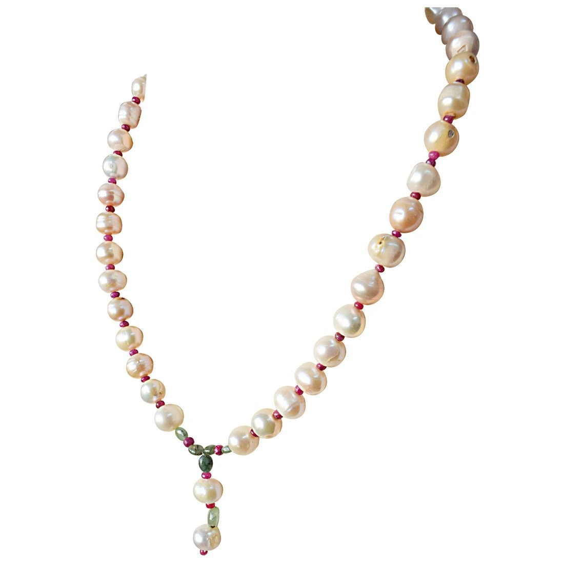 Real Natural Oval Green Emerald, Ruby Beads and Peach Pearl Necklace for Women (SN886)